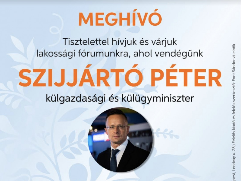 Szijjártó Péter Kalocsán csütörtökön lakossági fórumot tart